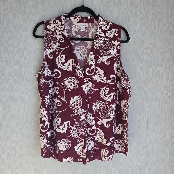 Liz Claiborne Tops - Liz Claiborne Sleeveless Top L Womens Burgundy White Pleated Boxy Casual Paisley